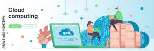 Cloud computing landing page with people characters. Hosting platform service web banner. data storage and processing vector illustration. Flat concept great for social media promotional materials.