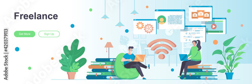 Freelance landing page with people characters. Remote workforce, outsource company web banner. Developers team working vector illustration. Flat concept great for social media promotional materials.