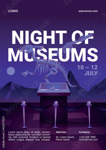 Night of museums cartoon flyer with dinosaur.