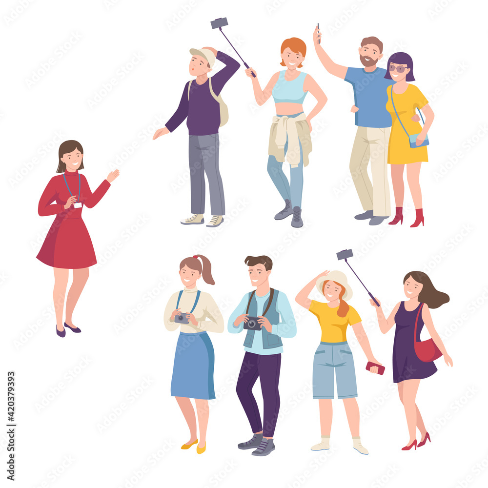 People Tourist Characters on Excursion or Sightseeing Tour with Guide Vector Illustration Set