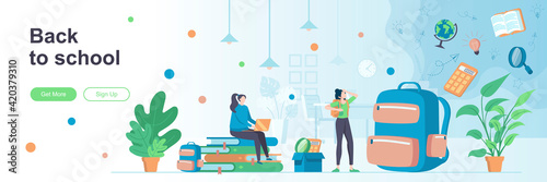 Back to school landing page with people characters. Elementary and high schools education web banner. School lessons vector illustration. Flat concept great for social media promotional materials.