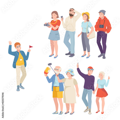People Tourist Characters on Excursion or Sightseeing Tour with Guide Vector Illustration Set
