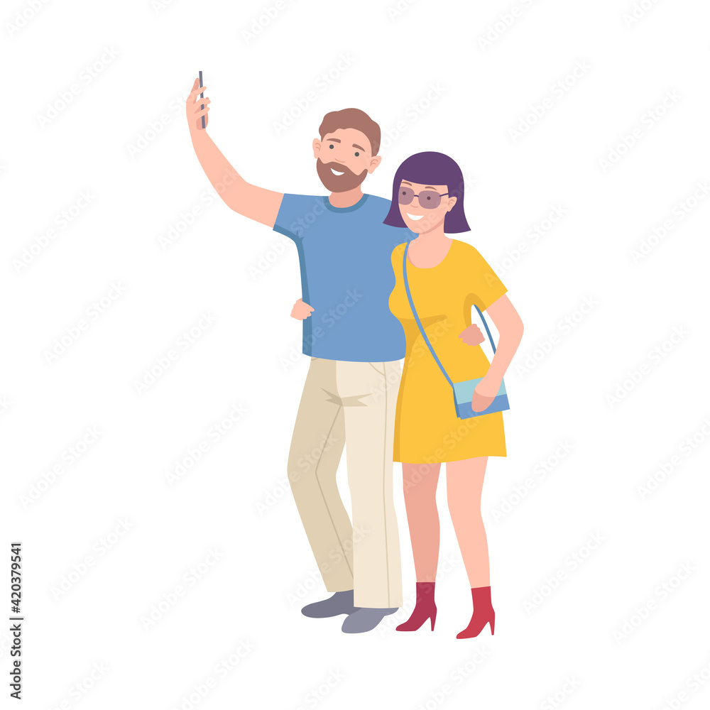 Tourist Couple on Excursion or Sightseeing Tour Holding Smartphone Taking Selfie Vector Illustration