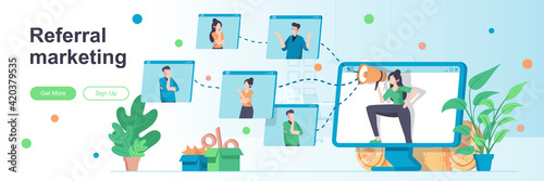 Referral marketing landing page with people characters. Customer referral program banner. Promoting products or services vector illustration. Flat concept great for social media promotional materials.