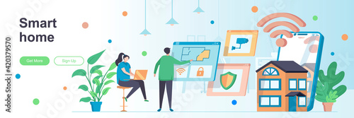 Smart home landing page with people characters. Automatic systems engineering web banner. Smart house management solution vector illustration. Flat concept great for social media promotional materials