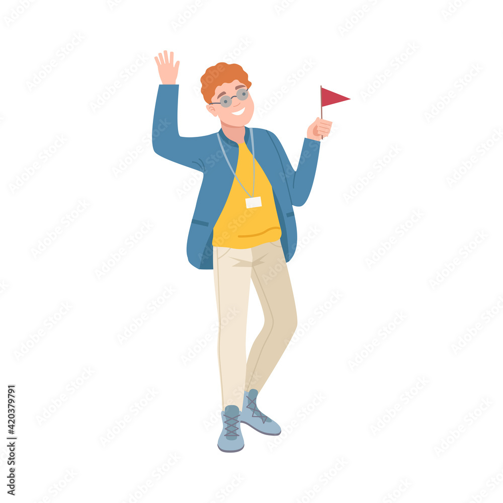 Young Man as Tour Guide with Hanging Name Badge Holding Red Flag Vector Illustration