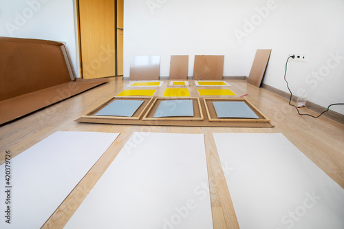interior decoration with decorative prints and cardboard, renovation, horizontal. photo
