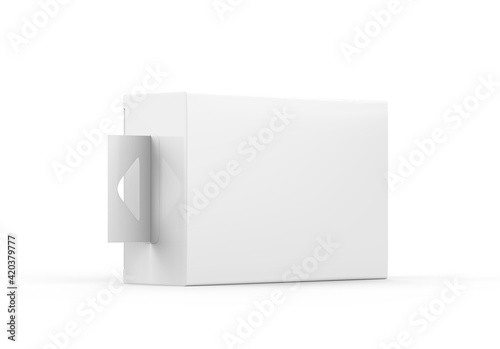 Blank paper box packaging with hang tab, mockup template on isolated white background, ready for design presentation, 3d illustration