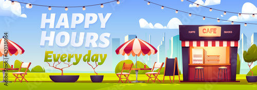 Happy hours in outdoor cafe with coffee and snacks