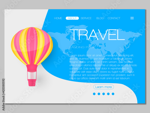 Travel banner! Beautiful  air balloons! Abstract paper art 3D vector illustration on blue background with map. Design for poster, magazine, brochure, booklet