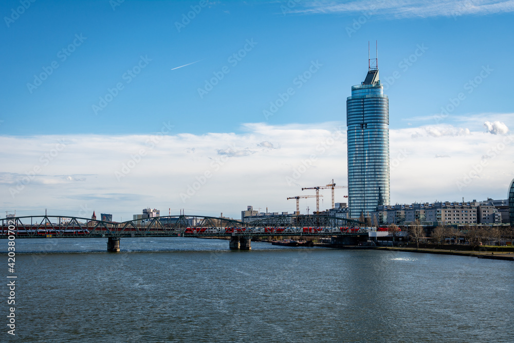 Distant view on The Millennium Tower on Danube river in Vienna, Austria.