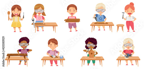Children at Table Woodworking Making Items from Wood Vector Set