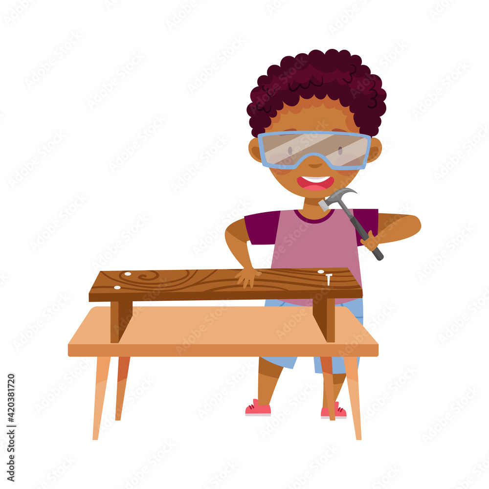 Little African American Boy in Protective Goggles at Table Woodworking Hammering Nail in Bench Vector Illustration Little African American Boy in Protective Goggles at Table Woodworking Hammering Nail in Bench Vector Illustration