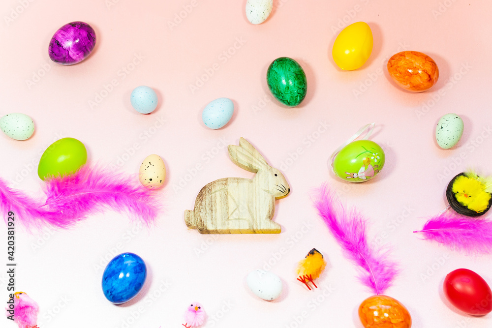 Easter eggs, Easter bunny, chicks on a pastel background Easter eggs, Easter bunny, chicks on a pastel background