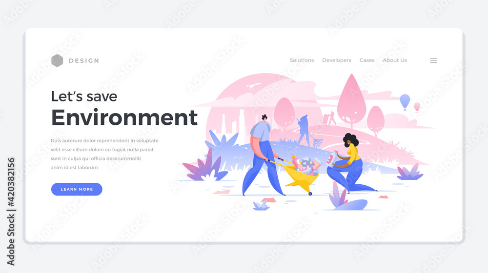 Rescue environment landing page template. Male character is standing with wheelbarrow and female is putting trash there.