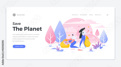 Save ecology of planet landing page banner. Man and woman collect abandoned garbage in bags.
