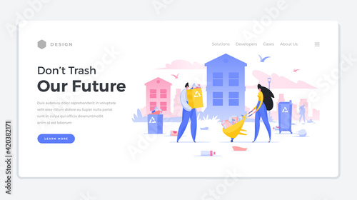 World without trash in future home page banner. Man and woman clean up house and take garbage for recycling.
