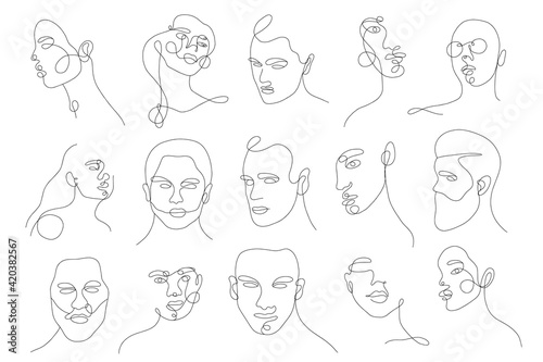 Set linear woman and man portraits