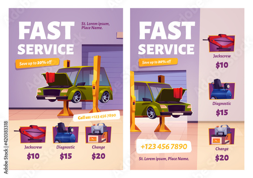 Car repair fast service cartoon ad posters, garage