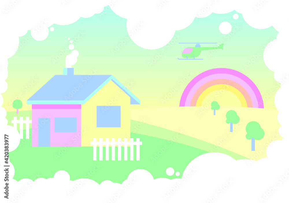 Cute flat pastel landscape with rainbow, house, trees, hills and helicopter.  In a cloud frame.