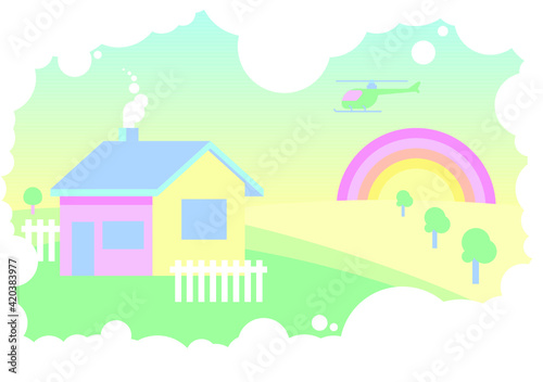 Cute flat pastel landscape with rainbow, house, trees, hills and helicopter. In a cloud frame.