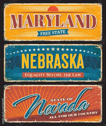 America Nebraska, Nevada, Maryland USA plate signs