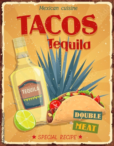 Mexican cuisine tacos and tequila vector poster