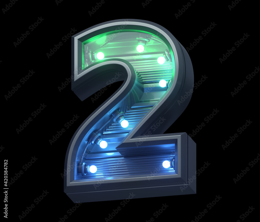Futuristic font with menthe and blue light. Number 2. Futuristic font with menthe and blue light. Number 2.