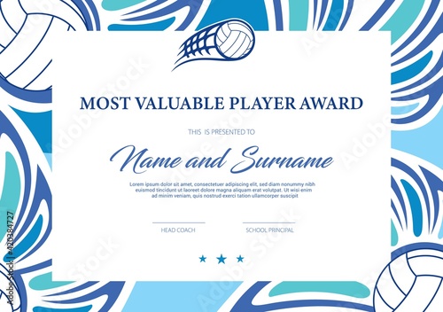 Certificate for volleyball most valuable player