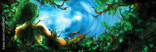 Spring season time of the year banner / Illustration stylized woman. Spring forest nature background. Digital painting