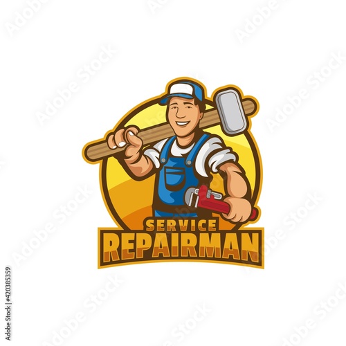 Vector Logo Illustration Repairman Mascot Cartoon Style.