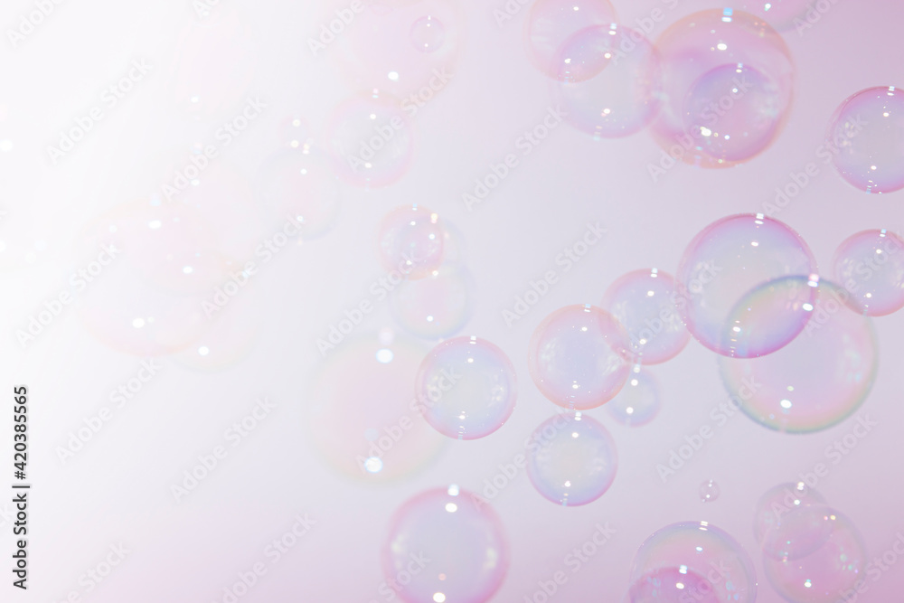 Beautiful Freshness Transparent Colorful Pink Soap Bubbles Floating Background.	