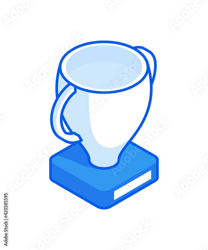Winner cup isometric icon vector. White trophy winner amphora with two handles on blue stand.