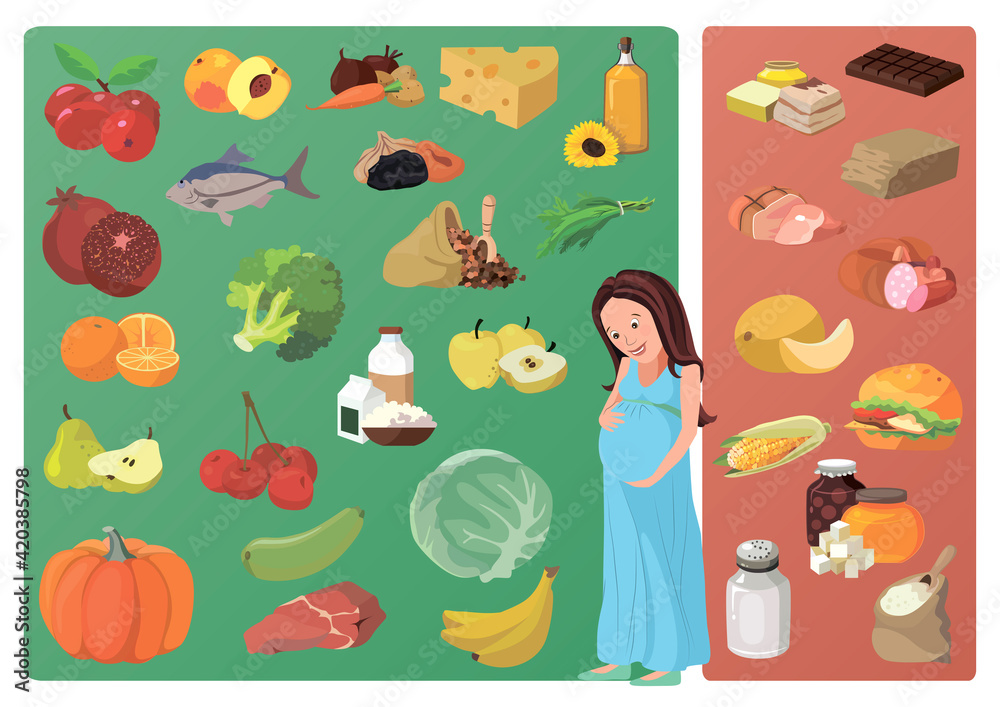 Fototapeta premium Useful and harmful foods during pregnancy. Healthy food. Organic food. Healthy eating