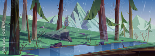 Rain in coniferous forest with lake and mountains