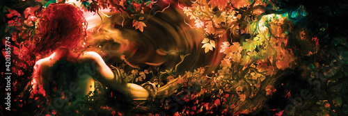 Fall season time of the year banner / Illustration stylized woman. Autumn forest nature background. Digital painting