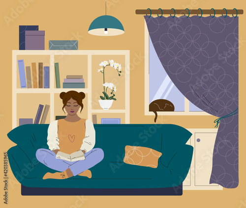 Young woman reading book in her livingroom. Hobbies and leisure time at home. Interior design. Stay at home concept. Flat illustration.