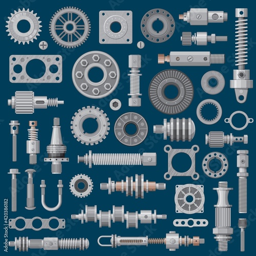 Machinery parts icons, machine engine mechanisms