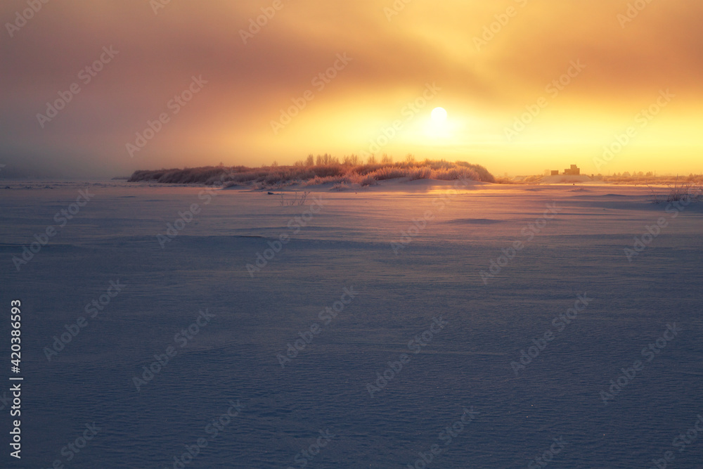 field of snow at sunrise