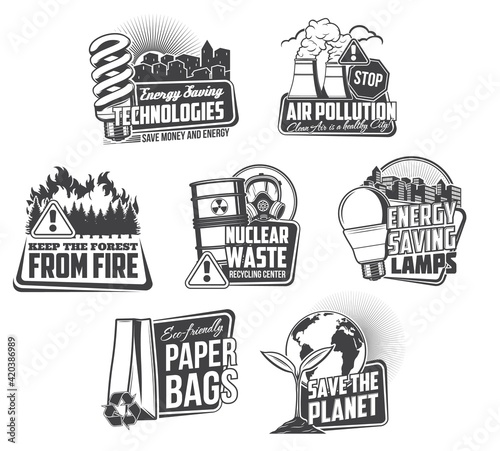 Environment pollution and save energy vector icons