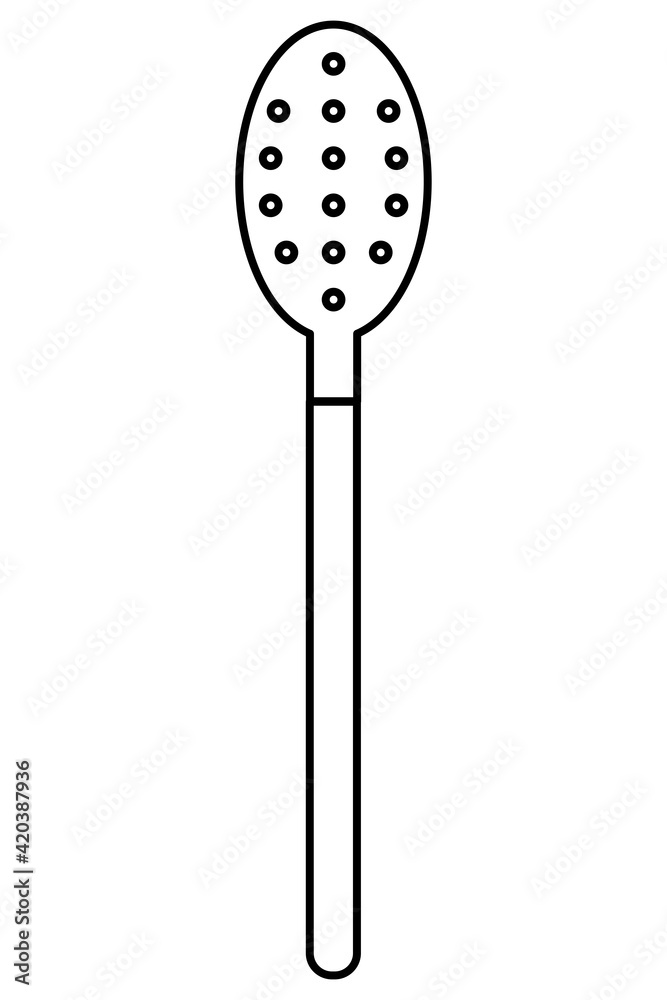A spoon with holes. Skimmer. Means for removing foam when cooking. Flat, silhouette, linear, outline icon drawing used in web design. Vector graphics.