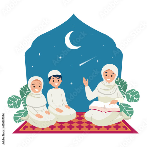 Mother teaching their kids to read quran. Islamic Ramadan Kareem family moment. Flat vector design