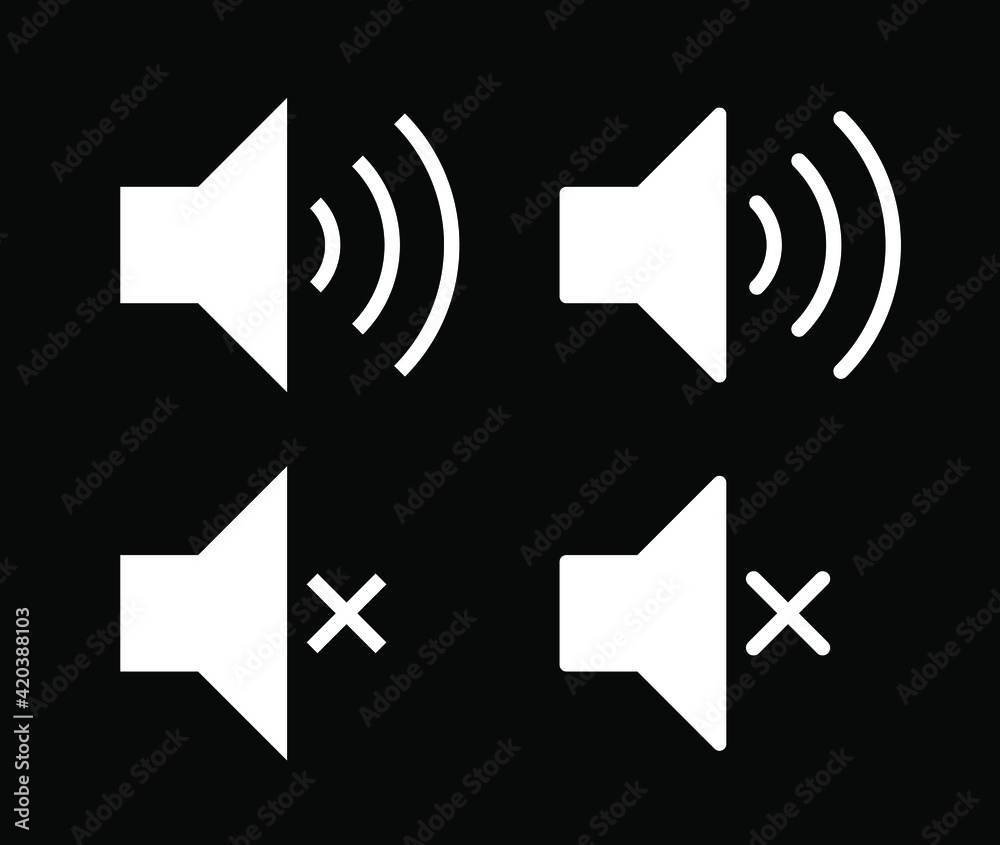 Speaker audio icon set. Volume voice control on off mute symbol. Flat application interface sound sign button. Vector illustration image. Isolated on white background. Speaker audio icon set. Volume voice control on off mute symbol. Flat application interface sound sign button. Vector illustration image. Isolated on white background.