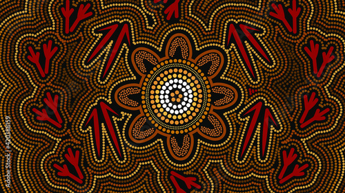 Aboriginal art with kangaroo and emu track