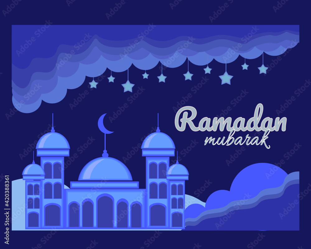 illustration of greeting cards for ramadan with blue themes, ramadan mubarak.