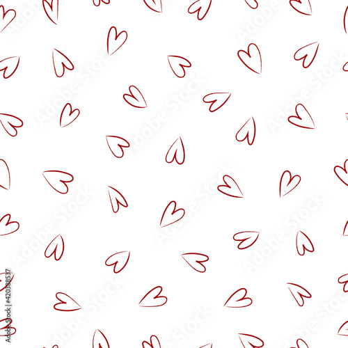 Abstract seamless pattern with red hearts on a white background. Pencil drawn style. Universal print