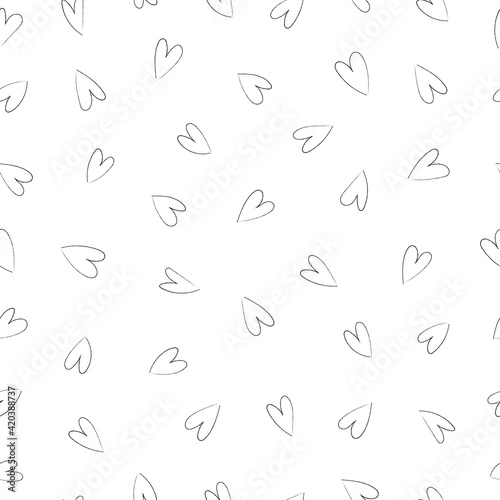 Abstract seamless pattern with black hearts on a white background. Pencil drawn style. Universal print