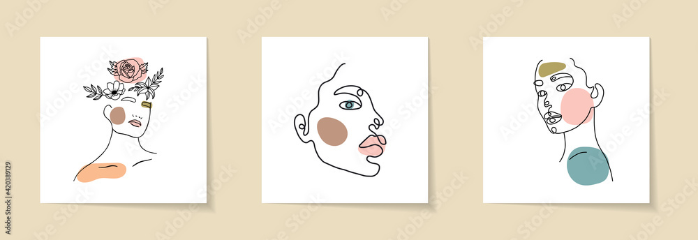 Set of Woman Face and flowers continuous Line art