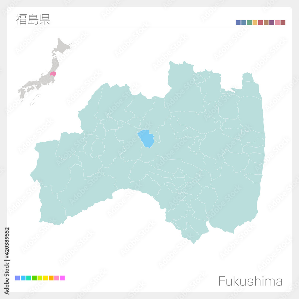 Fototapeta premium 福島県の地図・Fukushima（市町村・区分け）