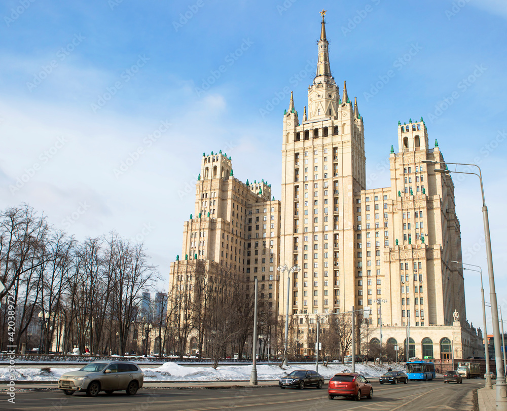 Fototapeta premium Moscow, Russia, Skyscraper on Barrikadnaya (Kudrinskaya Square, 1.) The building on Kudrinskaya Square was erected in the period from 1948 to 1954. 